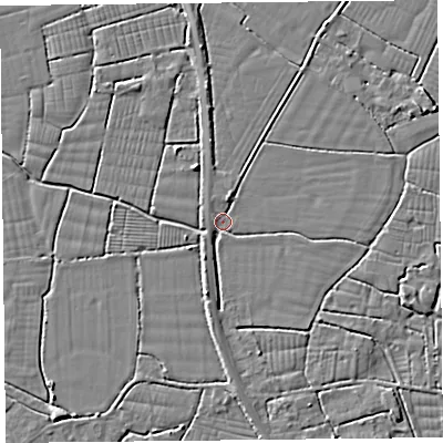 Shaded relief map of the ground around BS240BX, computed from Environment Agency LiDAR. The ground here sits at about 6 m above sea level and falls 4 m across the surrounding 800 m. Surface water reaching this point runs off ground lying to the south-south-west, 2.9 m higher.
