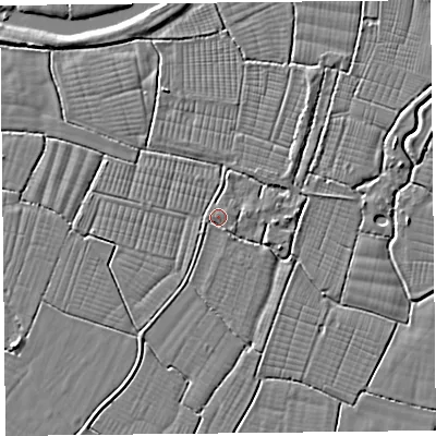 Shaded relief map of the ground around BS240BY, computed from Environment Agency LiDAR. The ground here sits at about 6 m above sea level and falls 3 m across the surrounding 800 m. The ground contributing surface water to this point lies to the south-west.