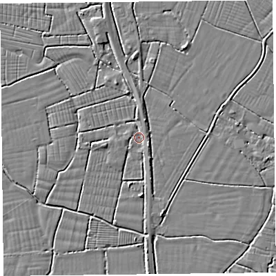 Shaded relief map of the ground around BS240BZ, computed from Environment Agency LiDAR. The ground here sits at about 6 m above sea level and falls 4 m across the surrounding 800 m. Surface water reaching this point runs off ground lying to the east-south-east, 1.4 m higher.