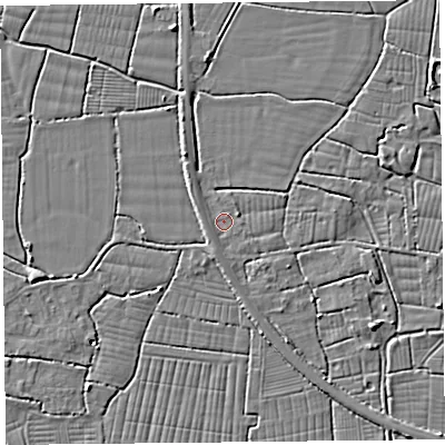 Shaded relief map of the ground around BS240DA, computed from Environment Agency LiDAR. The ground here sits at about 6 m above sea level and falls 5 m across the surrounding 800 m. Surface water reaching this point runs off ground lying to the south, 1.4 m higher.