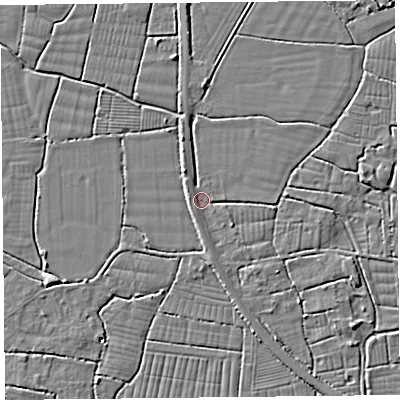 Shaded relief map of the ground around BS240DB, computed from Environment Agency LiDAR. The ground here sits at about 6 m above sea level and falls 5 m across the surrounding 800 m. Surface water reaching this point runs off ground lying to the west, 1.5 m higher.