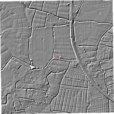 Shaded relief map of the ground around BS240DE, computed from Environment Agency LiDAR. The ground here sits at about 6 m above sea level and falls 5 m across the surrounding 800 m. Surface water reaching this point runs off ground lying to the south-west, 1.4 m higher.