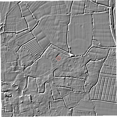 Shaded relief map of the ground around BS240DF, computed from Environment Agency LiDAR. The ground here sits at about 6 m above sea level and falls 5 m across the surrounding 800 m. Surface water reaching this point runs off ground lying to the north-north-west, 0.7 m higher.