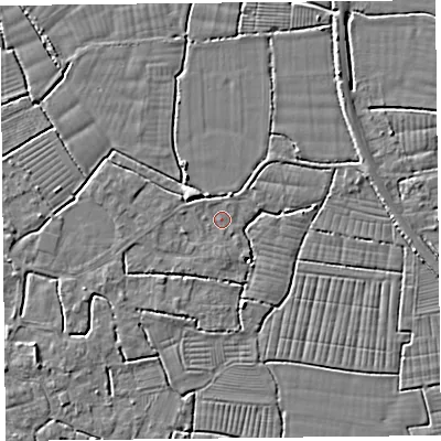 Shaded relief map of the ground around BS240DG, computed from Environment Agency LiDAR. The ground here sits at about 6 m above sea level and falls 5 m across the surrounding 800 m. Surface water reaching this point runs off ground lying to the south, 0.7 m higher.