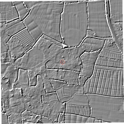 Shaded relief map of the ground around BS240DJ, computed from Environment Agency LiDAR. The ground here sits at about 6 m above sea level and falls 5 m across the surrounding 800 m. Surface water reaching this point runs off ground lying to the south-south-east, 0.9 m higher.