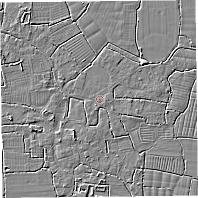 Shaded relief map of the ground around BS240DN, computed from Environment Agency LiDAR. The ground here sits at about 6 m above sea level and falls 5 m across the surrounding 800 m. Surface water reaching this point runs off ground lying to the south-south-west, 1.7 m higher.
