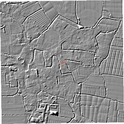 Shaded relief map of the ground around BS240DP, computed from Environment Agency LiDAR. The ground here sits at about 6 m above sea level and falls 7 m across the surrounding 800 m. Surface water reaching this point runs off ground lying to the east-north-east, 1.5 m higher.