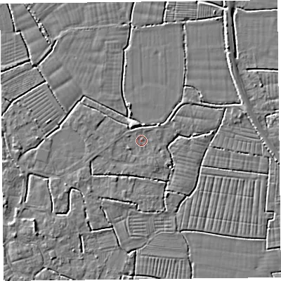 Shaded relief map of the ground around BS240DQ, computed from Environment Agency LiDAR. The ground here sits at about 6 m above sea level and falls 5 m across the surrounding 800 m. Surface water reaching this point runs off ground lying to the south-south-east, 0.7 m higher.