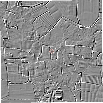 Shaded relief map of the ground around BS240DR, computed from Environment Agency LiDAR. The ground here sits at about 6 m above sea level and falls 7 m across the surrounding 800 m. Surface water reaching this point runs off ground lying to the south-south-east, 1.3 m higher.