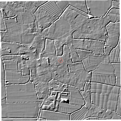 Shaded relief map of the ground around BS240DS, computed from Environment Agency LiDAR. The ground here sits at about 6 m above sea level and falls 7 m across the surrounding 800 m. Surface water reaching this point runs off ground lying to the south-west, 0.5 m higher.