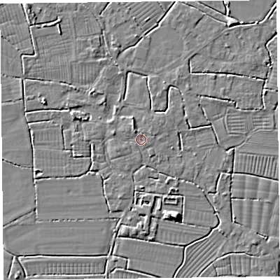 Shaded relief map of the ground around BS240DT, computed from Environment Agency LiDAR. The ground here sits at about 6 m above sea level and falls 7 m across the surrounding 800 m. Surface water reaching this point runs off ground lying to the north-north-west, 1.3 m higher.