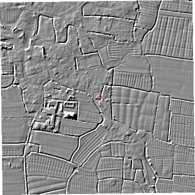 Shaded relief map of the ground around BS240DX, computed from Environment Agency LiDAR. The ground here sits at about 6 m above sea level and falls 7 m across the surrounding 800 m. Surface water reaching this point runs off ground lying to the west, 1.5 m higher.