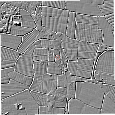 Shaded relief map of the ground around BS240DY, computed from Environment Agency LiDAR. The ground here sits at about 6 m above sea level and falls 5 m across the surrounding 800 m. Surface water reaching this point runs off ground lying to the north-north-west, 1.1 m higher.