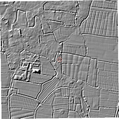 Shaded relief map of the ground around BS240DZ, computed from Environment Agency LiDAR. The ground here sits at about 6 m above sea level and falls 7 m across the surrounding 800 m. Surface water reaching this point runs off ground lying to the north, 1.4 m higher.