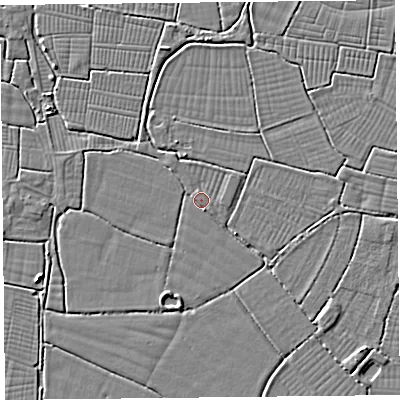 Shaded relief map of the ground around BS240EB, computed from Environment Agency LiDAR. The ground here sits at about 6 m above sea level and falls 2 m across the surrounding 800 m. Surface water reaching this point runs off ground lying to the north-east, 1.0 m higher.