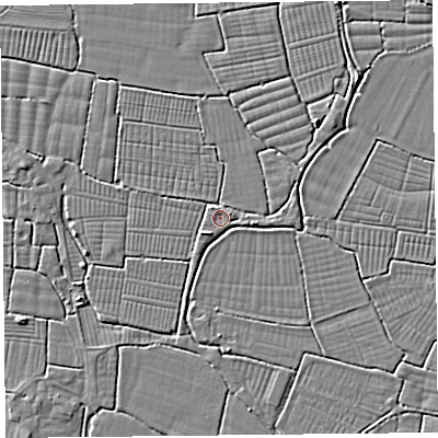 Shaded relief map of the ground around BS240ED, computed from Environment Agency LiDAR. The ground here sits at about 6 m above sea level and falls 3 m across the surrounding 800 m. Surface water reaching this point runs off ground lying to the north-east, 2.3 m higher.