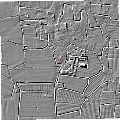 Shaded relief map of the ground around BS240EG, computed from Environment Agency LiDAR. The ground here sits at about 6 m above sea level and falls 5 m across the surrounding 800 m. Surface water reaching this point runs off ground lying to the north-north-east, 1.0 m higher.