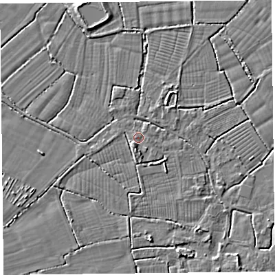Shaded relief map of the ground around BS240EN, computed from Environment Agency LiDAR. The ground here sits at about 6 m above sea level and falls 3 m across the surrounding 800 m. Surface water reaching this point runs off ground lying to the south, 1.6 m higher.