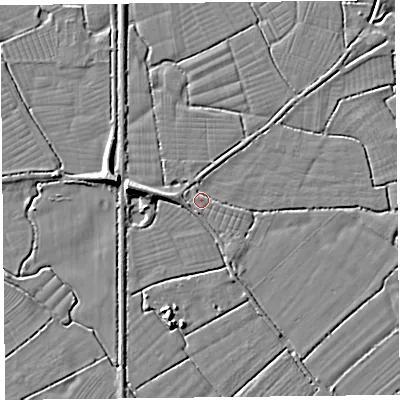 Shaded relief map of the ground around BS240EU, computed from Environment Agency LiDAR. The ground here sits at about 6 m above sea level and falls 7 m across the surrounding 800 m. Surface water reaching this point runs off ground lying to the west, 1.9 m higher.