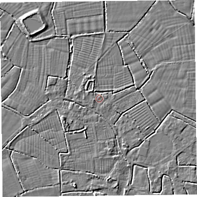 Shaded relief map of the ground around BS240EW, computed from Environment Agency LiDAR. The ground here sits at about 6 m above sea level and falls 3 m across the surrounding 800 m. Surface water reaching this point runs off ground lying to the north-west, 2.1 m higher.