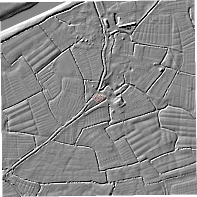 Shaded relief map of the ground around BS240EX, computed from Environment Agency LiDAR. The ground here sits at about 6 m above sea level and falls 5 m across the surrounding 800 m. Surface water reaching this point runs off ground lying to the east-south-east, 2.7 m higher.
