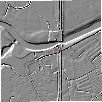 Shaded relief map of the ground around BS240EZ, computed from Environment Agency LiDAR. The ground here sits at about 7 m above sea level and falls 6 m across the surrounding 800 m. Surface water reaching this point runs off ground lying to the south-south-west, 1.3 m higher.