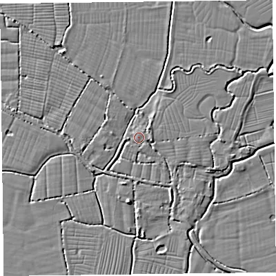 Shaded relief map of the ground around BS240HD, computed from Environment Agency LiDAR. The ground here sits at about 6 m above sea level and falls 4 m across the surrounding 800 m. Surface water reaching this point runs off ground lying to the east, 1.3 m higher.