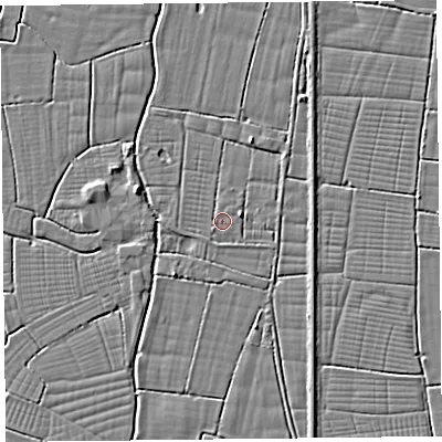 Shaded relief map of the ground around BS240HG, computed from Environment Agency LiDAR. The ground here sits at about 6 m above sea level and falls 3 m across the surrounding 800 m. Surface water reaching this point runs off ground lying to the east-north-east, 1.3 m higher.