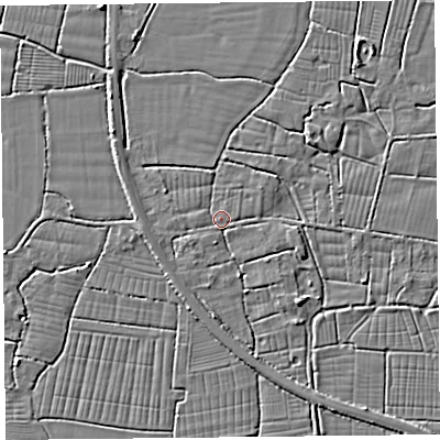 Shaded relief map of the ground around BS240HL, computed from Environment Agency LiDAR. The ground here sits at about 6 m above sea level and falls 5 m across the surrounding 800 m. Surface water reaching this point runs off ground lying to the south-south-west, 1.6 m higher.