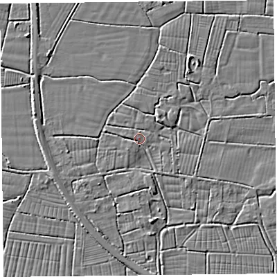 Shaded relief map of the ground around BS240HP, computed from Environment Agency LiDAR. The ground here sits at about 6 m above sea level and falls 3 m across the surrounding 800 m. Surface water reaching this point runs off ground lying to the south, 1.5 m higher.