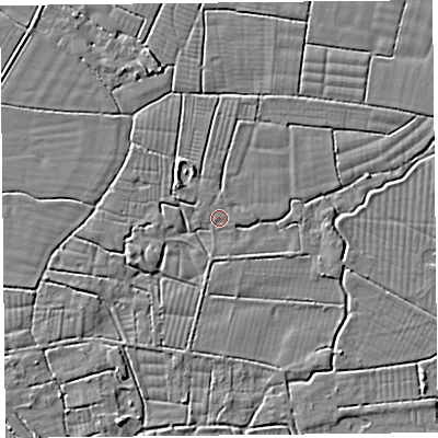 Shaded relief map of the ground around BS240HS, computed from Environment Agency LiDAR. The ground here sits at about 6 m above sea level and falls 4 m across the surrounding 800 m. Surface water reaching this point runs off ground lying to the west-south-west, 1.7 m higher.