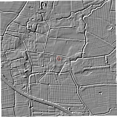Shaded relief map of the ground around BS240HT, computed from Environment Agency LiDAR. The ground here sits at about 6 m above sea level and falls 3 m across the surrounding 800 m. Surface water reaching this point runs off ground lying to the west-south-west, 2.8 m higher.