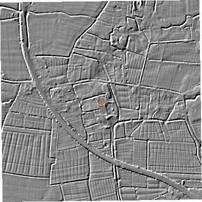 Shaded relief map of the ground around BS240HW, computed from Environment Agency LiDAR. The ground here sits at about 6 m above sea level and falls 3 m across the surrounding 800 m. Surface water reaching this point runs off ground lying to the north-west, 1.3 m higher.