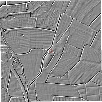 Shaded relief map of the ground around BS240HY, computed from Environment Agency LiDAR. The ground here sits at about 6 m above sea level and falls 2 m across the surrounding 800 m. Surface water reaching this point runs off ground lying to the south-south-west, 1.4 m higher.