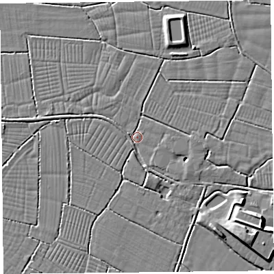 Shaded relief map of the ground around BS240JA, computed from Environment Agency LiDAR. The ground here sits at about 6 m above sea level and falls 8 m across the surrounding 800 m. Surface water reaching this point runs off ground lying to the south-east, 2.5 m higher.