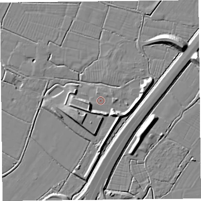 Shaded relief map of the ground around BS240JB, computed from Environment Agency LiDAR. The ground here sits at about 6 m above sea level and falls 10 m across the surrounding 800 m. Surface water reaching this point runs off ground lying to the east, 1.1 m higher.