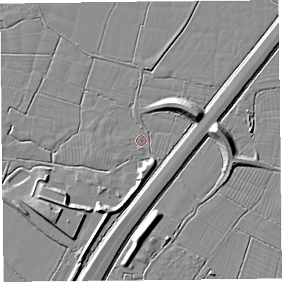 Shaded relief map of the ground around BS240JD, computed from Environment Agency LiDAR. The ground here sits at about 6 m above sea level and falls 9 m across the surrounding 800 m. Surface water reaching this point runs off ground lying to the south-south-west, 6.3 m higher.
