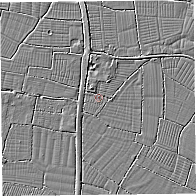 Shaded relief map of the ground around BS240JG, computed from Environment Agency LiDAR. The ground here sits at about 6 m above sea level and falls 3 m across the surrounding 800 m. Surface water reaching this point runs off ground lying to the north-north-east, 2.2 m higher.