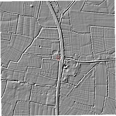 Shaded relief map of the ground around BS240JH, computed from Environment Agency LiDAR. The ground here sits at about 6 m above sea level and falls 3 m across the surrounding 800 m. Surface water reaching this point runs off ground lying to the east-north-east, 1.8 m higher.
