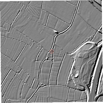 Shaded relief map of the ground around BS240JJ, computed from Environment Agency LiDAR. The ground here sits at about 6 m above sea level and falls 7 m across the surrounding 800 m. Surface water reaching this point runs off ground lying to the west-south-west, 1.6 m higher.