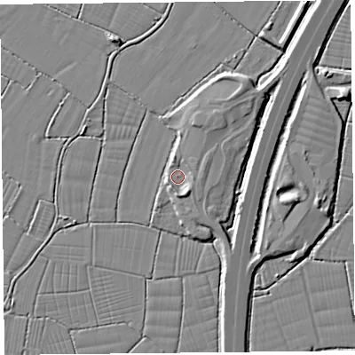 Shaded relief map of the ground around BS240JL, computed from Environment Agency LiDAR. The ground here sits at about 7 m above sea level and falls 5 m across the surrounding 800 m. Surface water reaching this point runs off ground lying to the south-south-east, 3.2 m higher.
