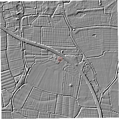 Shaded relief map of the ground around BS240JN, computed from Environment Agency LiDAR. The ground here sits at about 6 m above sea level and falls 3 m across the surrounding 800 m. Surface water reaching this point runs off ground lying to the north, 1.5 m higher.