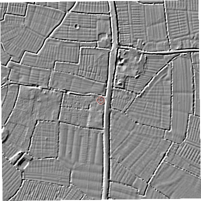Shaded relief map of the ground around BS240JQ, computed from Environment Agency LiDAR. The ground here sits at about 6 m above sea level and falls 3 m across the surrounding 800 m. Surface water reaching this point runs off ground lying to the north-north-east, 1.7 m higher.