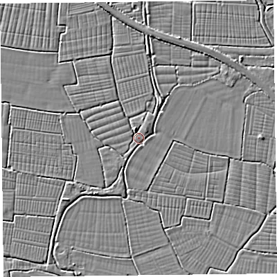 Shaded relief map of the ground around BS240JR, computed from Environment Agency LiDAR. The ground here sits at about 6 m above sea level and falls 3 m across the surrounding 800 m. Surface water reaching this point runs off ground lying to the north-north-east, 2.3 m higher.