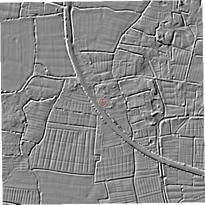Shaded relief map of the ground around BS240JT, computed from Environment Agency LiDAR. The ground here sits at about 6 m above sea level and falls 5 m across the surrounding 800 m. Surface water reaching this point runs off ground lying to the south-west, 0.8 m higher.