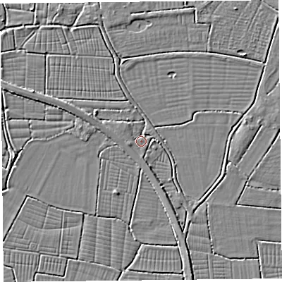Shaded relief map of the ground around BS240JW, computed from Environment Agency LiDAR. The ground here sits at about 6 m above sea level and falls 2 m across the surrounding 800 m. Surface water reaching this point runs off ground lying to the south-south-east, 2.4 m higher.