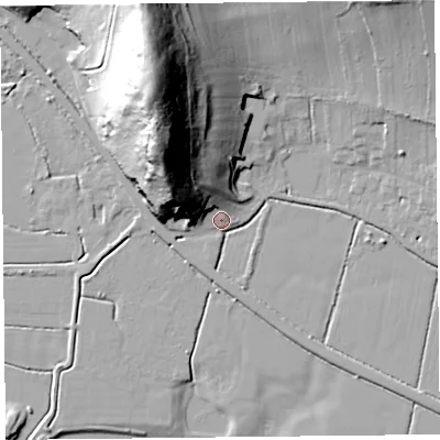 Shaded relief map of the ground around BS240PZ, computed from Environment Agency LiDAR. The ground here sits at about 8 m above sea level and falls 50 m across the surrounding 800 m. Surface water reaching this point runs off ground lying to the north-west, 35.9 m higher.