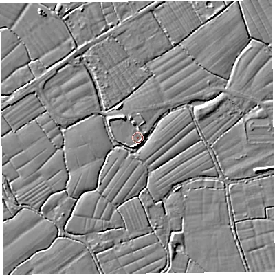 Shaded relief map of the ground around BS246AH, computed from Environment Agency LiDAR. The ground here sits at about 6 m above sea level and falls 5 m across the surrounding 800 m. Surface water reaching this point runs off ground lying to the north-west, 2.4 m higher.