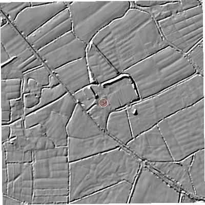Shaded relief map of the ground around BS246AJ, computed from Environment Agency LiDAR. The ground here sits at about 6 m above sea level and falls 5 m across the surrounding 800 m. Surface water reaching this point runs off ground lying to the north-east, 3.6 m higher.