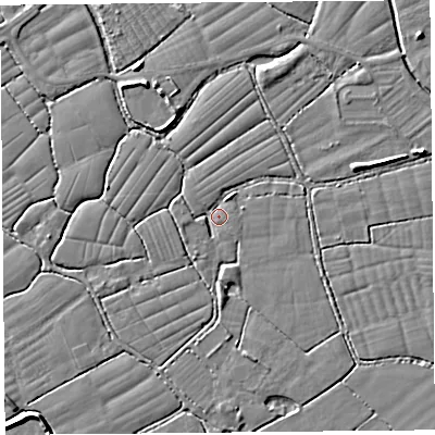 Shaded relief map of the ground around BS246AN, computed from Environment Agency LiDAR. The ground here sits at about 5 m above sea level and falls 5 m across the surrounding 800 m. Surface water reaching this point runs off ground lying to the east-north-east, 3.2 m higher.
